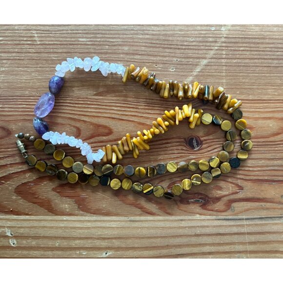 Vintage Tigers Eye Rose Quartz Amethyst Boho Beaded Necklace Barrel Clasp - Picture 2 of 4